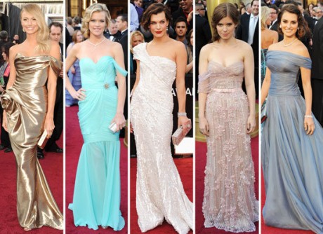 celebrities wearing off shoulder dresses oscars 2012